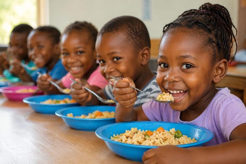 Smiling children eating bowls of nutritious food together at a school table
